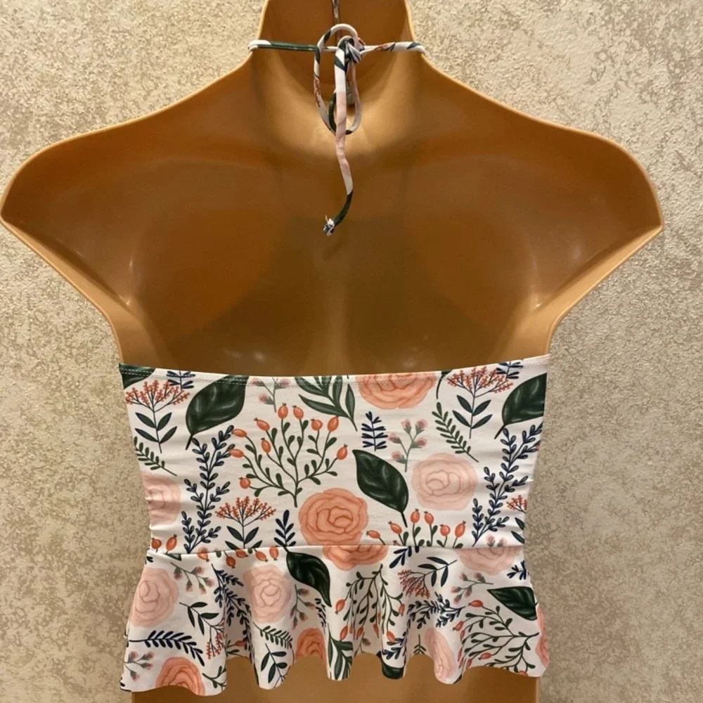 SHEIN Floral Halter Bikini Top in Pink and Green
